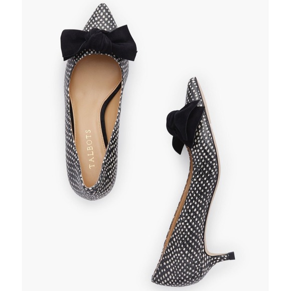 Talbots Shoes - Talbots Sylvie Kitten Heel Bow Pumps Embossed Ocelot Black Leather Womens 8M NEW